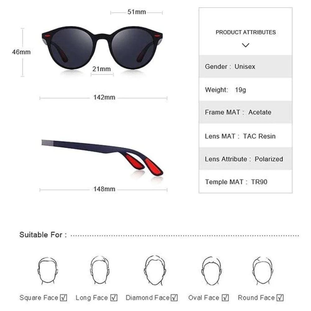 Polarized Sunglasses Men Driving Fishing Round Frame Sports Lentes Gafas Humbres